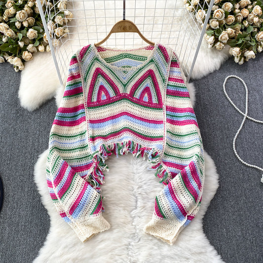 Short Tassel Cropped Thai Sweater Long Sleeve Blouse