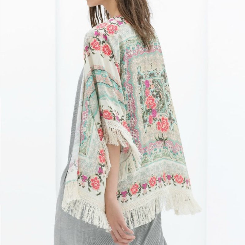 Batwing Sleeve Chiffon Printed Shawl Kimono Cardigan Coat