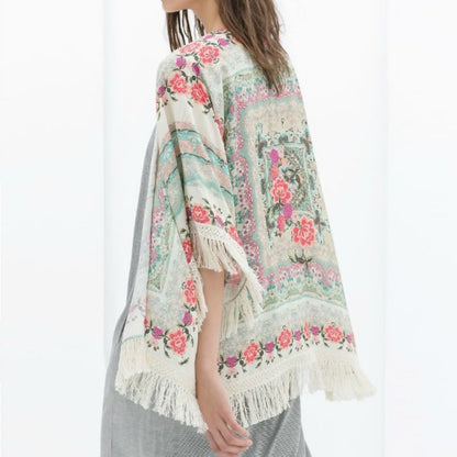 Batwing Sleeve Chiffon Printed Shawl Kimono Cardigan Coat