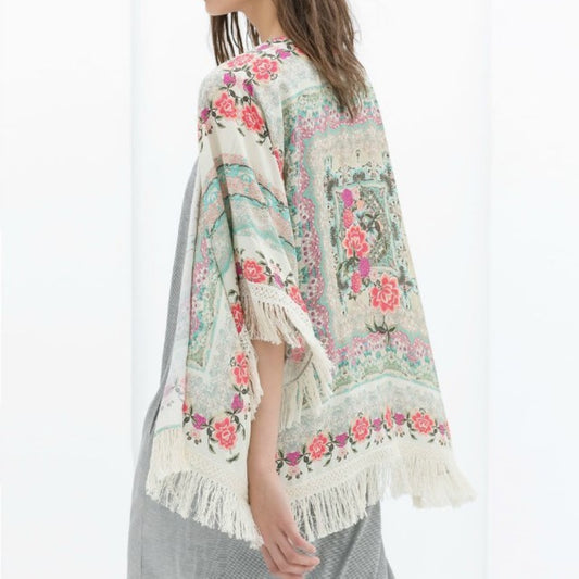 Batwing Sleeve Chiffon Printed Shawl Kimono Cardigan Coat