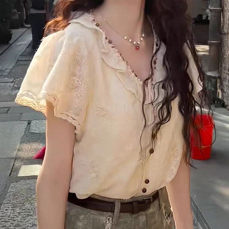 Petite Anti-Aging V-Neck Lace Short Sleeve Blouse For Women