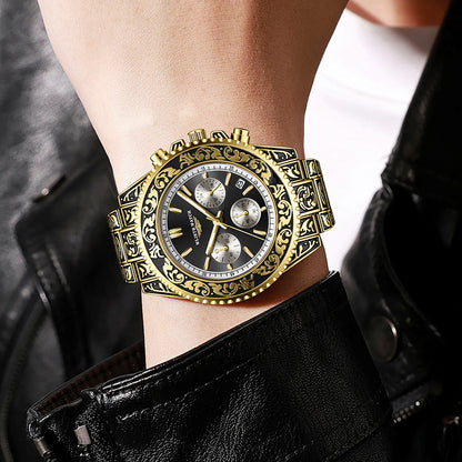Vintage Engraving Quartz Multi-function Men's Watch