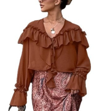 Autumn European And American Design Sense V-neck Flounce Lace-up Loose Chiffon Shirt