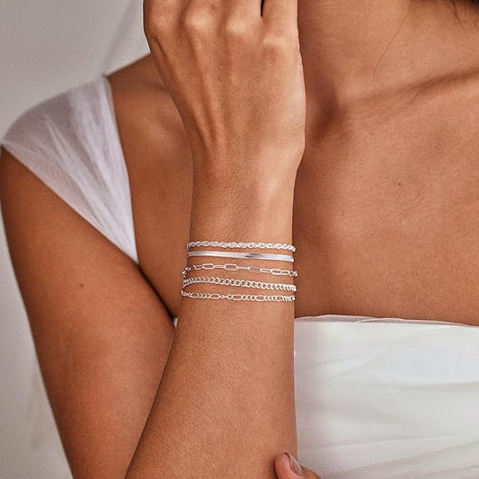 5pcs Silver Bracelets For Women, 14K Silver Plated Dainty Bracelets Set For Women Trendy Adjustable Stackable Bracelets