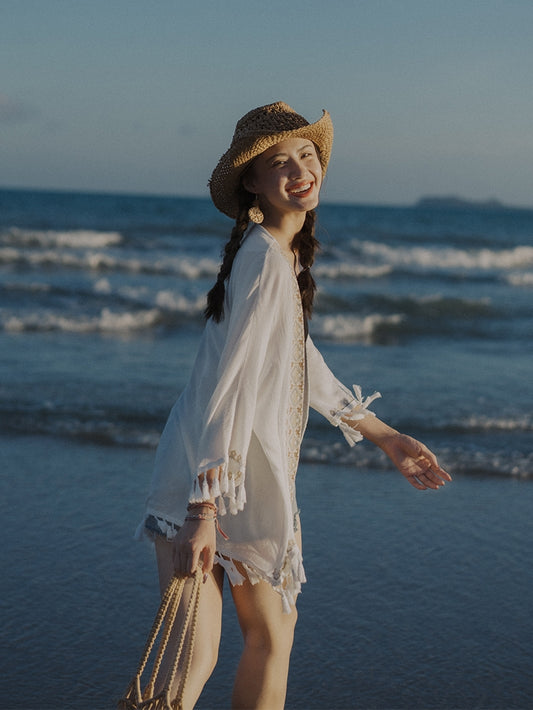 Ethnic Style Embroidered Sun Protection Shirt For Beach Outfits