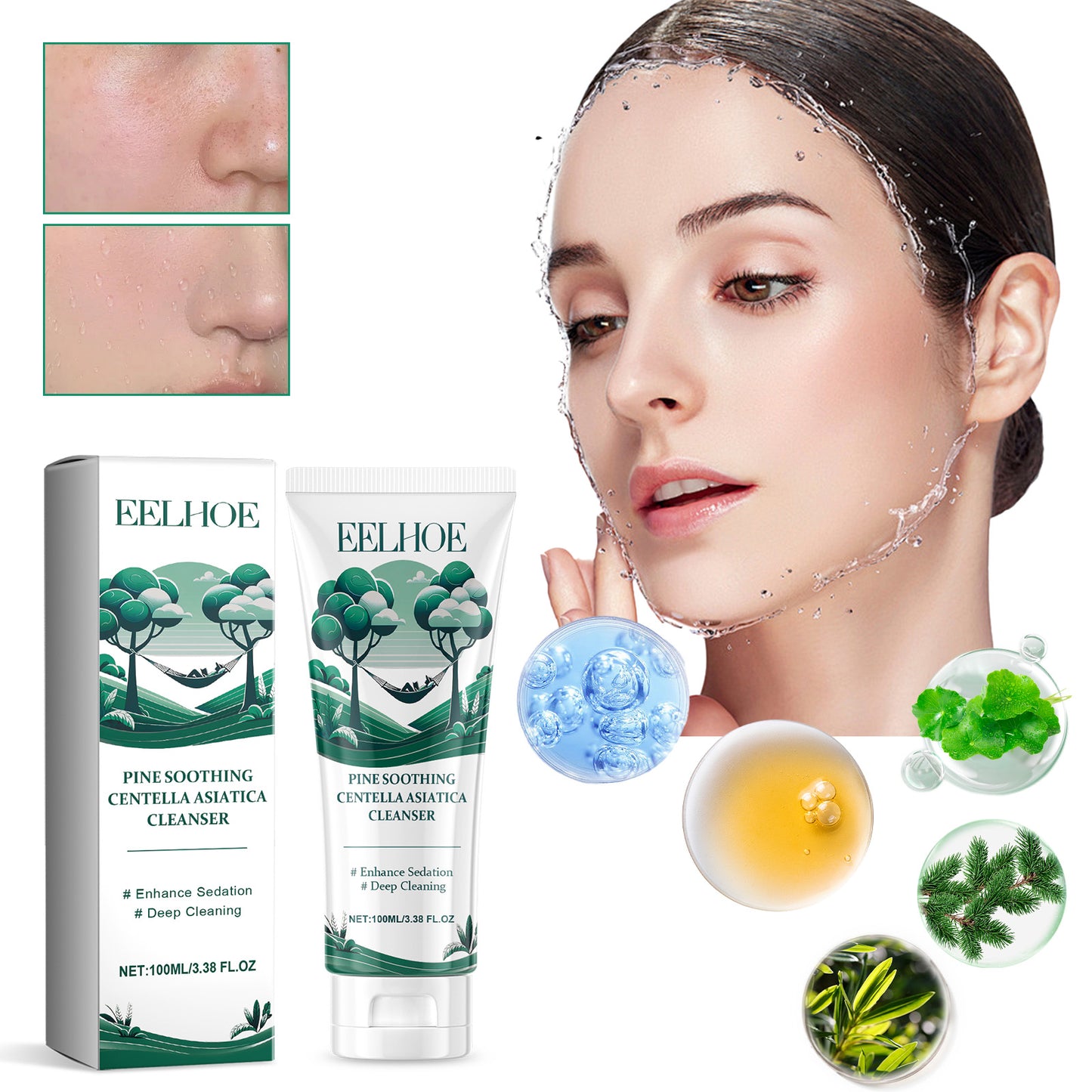 EELHOE Pine Soothing Centella Asiatica Cleanser, Deep Clear Pores Soft Moisturizing Skin Moisturizing Non-Tight Cleanser