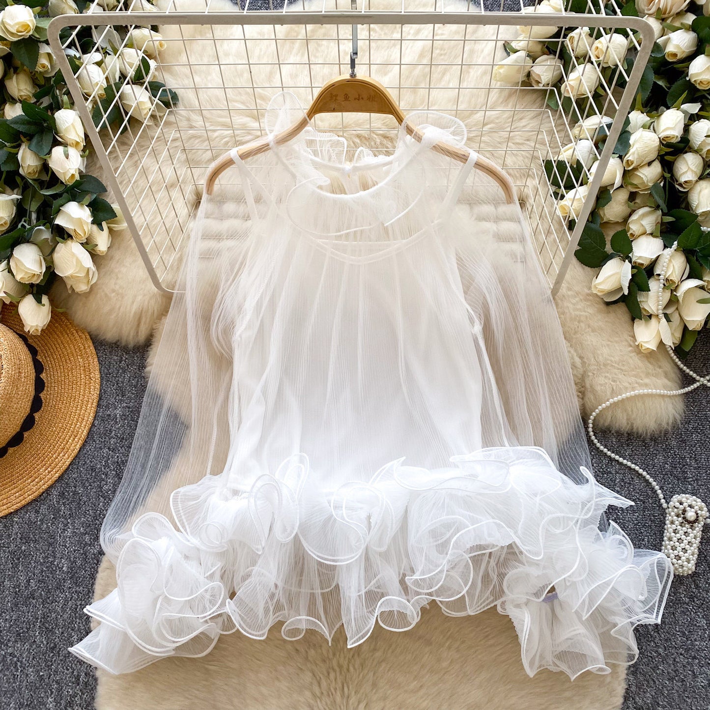 New Style Chiffon Pleated Lace Inner Camisole Two-Piece Set For Women