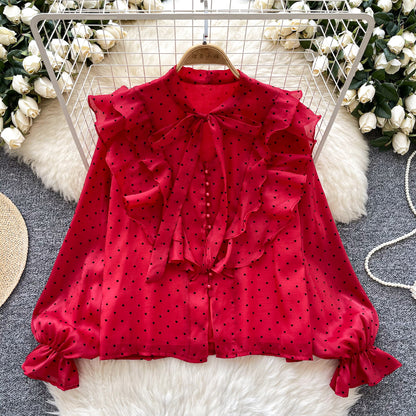 Ruffled Patchwork Heart-print Chiffon Top