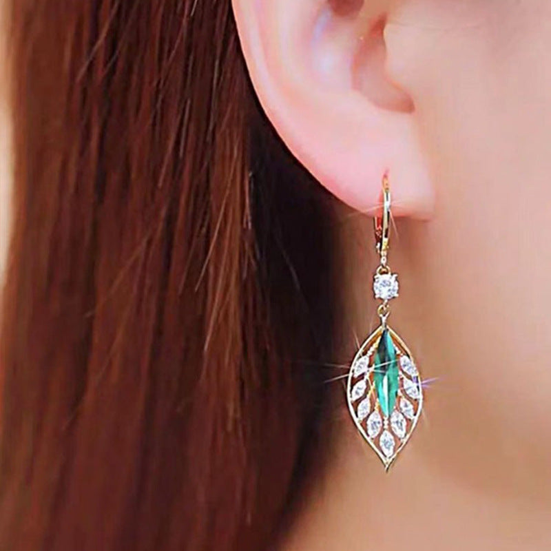 Shining Zircon Green Leaves Ear Clip Trendy Elegant Earrings