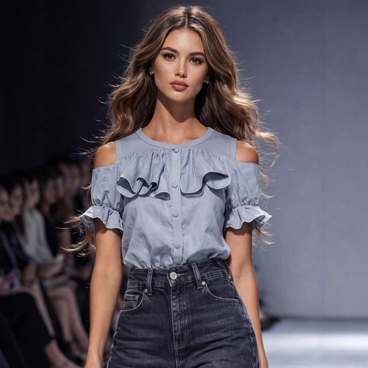 Women's Gray Ruffled-edge Short-sleeve Shirt