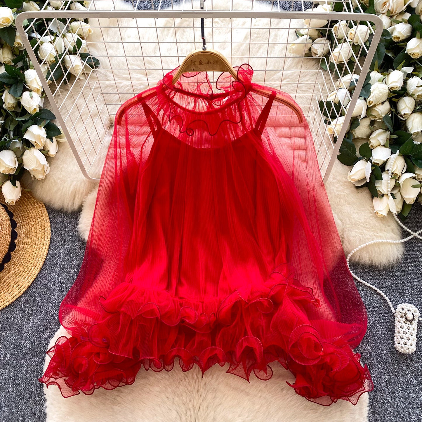 New Style Chiffon Pleated Lace Inner Camisole Two-Piece Set For Women