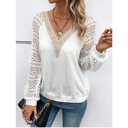 V-neck Stitching Hollow Out Lace See-through Casual T-shirt