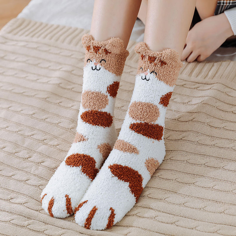 Coral Fleece Socks Women's Thick Warm Winter Sleep Long Japanese Cute Cartoon Embroidered Mid-calf Cat's Paw Socks