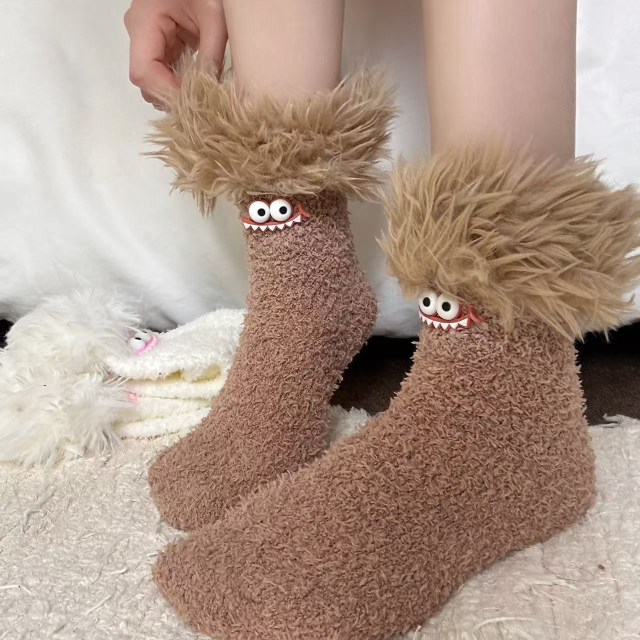 Big Mouth Monster Plush Socks Fleece-Lined Thick Warm Coral Fleece