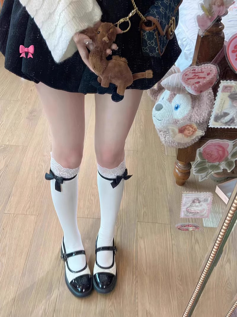 Two-Way Wear Lace Bow Knee High Socks, Black & White Convertible Calf Stockings, Cute Lolita Coquette Aesthetic Legwear For Women