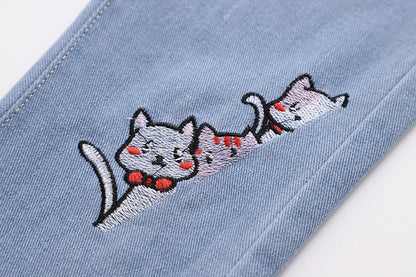 Fashion Embroidered Cat Denim Trousers For Women
