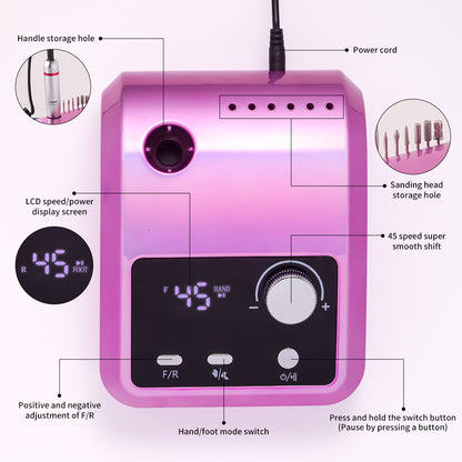 Electric Nail Drill Professional - 45000 RPM Nail File Kit Machine With LCD Display, Hand & Foot Control Low Noise For Acrylic, Gel Nails, Manicure & Pedicure - Salon & Home Use
