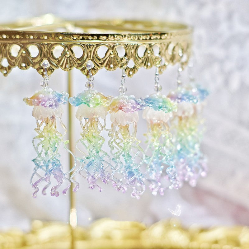 Rainbow Jellyfish Exaggerated Long Ear Clip Earrings