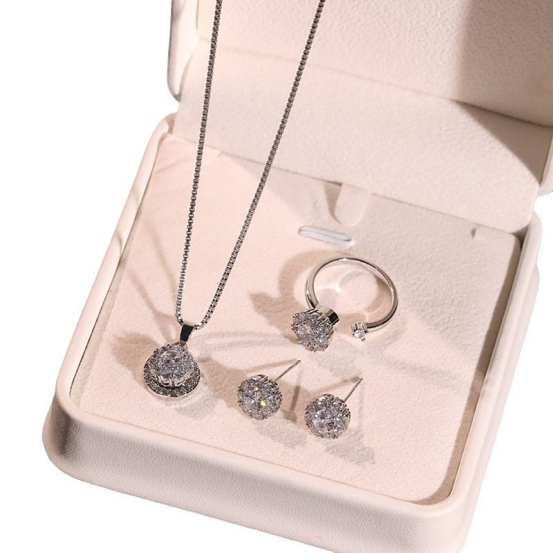 Zircon Light Luxury Good Luck Comes Rotating Open Rings Ear Studs Necklace Suit