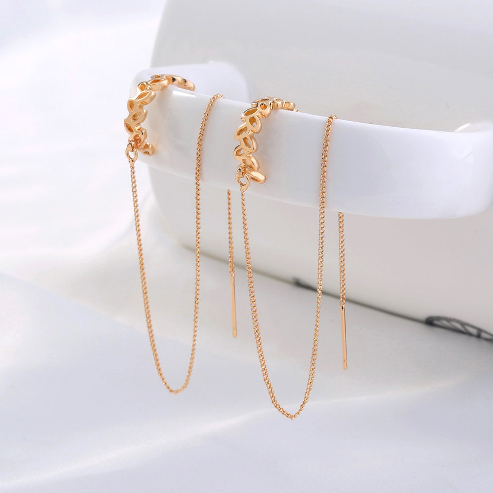 Gold Long Copper C-shaped Hollow Leaf Ear Clip Ear Wire Earrings