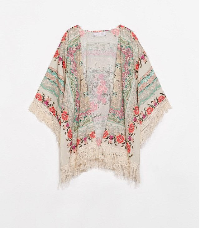 Batwing Sleeve Chiffon Printed Shawl Kimono Cardigan Coat