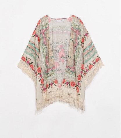 Batwing Sleeve Chiffon Printed Shawl Kimono Cardigan Coat