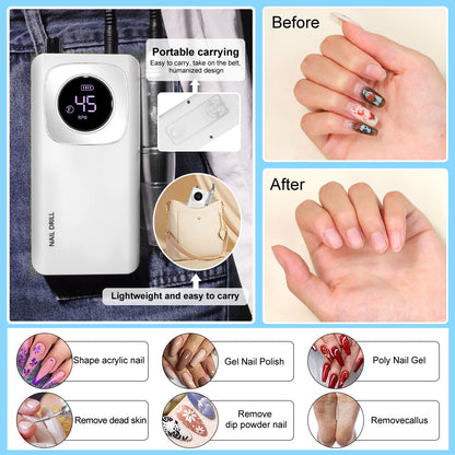 Rechargeable Electric Nail File Professional - 45000RPM Portable Efile Nail Drill Kit, Cordless E File Nail Drill Machine For Acrylic Gel Nails Salon Home Manicure Use