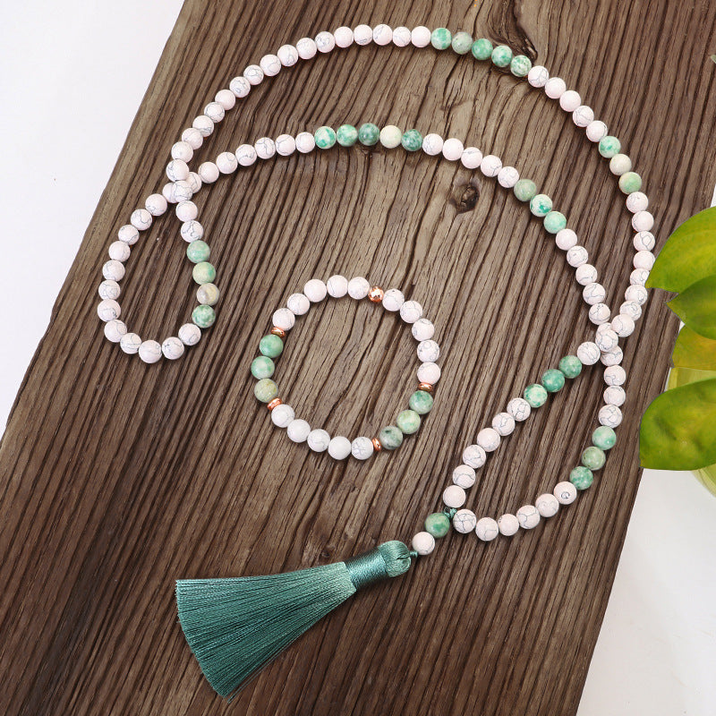 Necklace Bracelet Set 108 Iron Gallstone White Turquoise Long Tassel Necklace Yoga Necklace