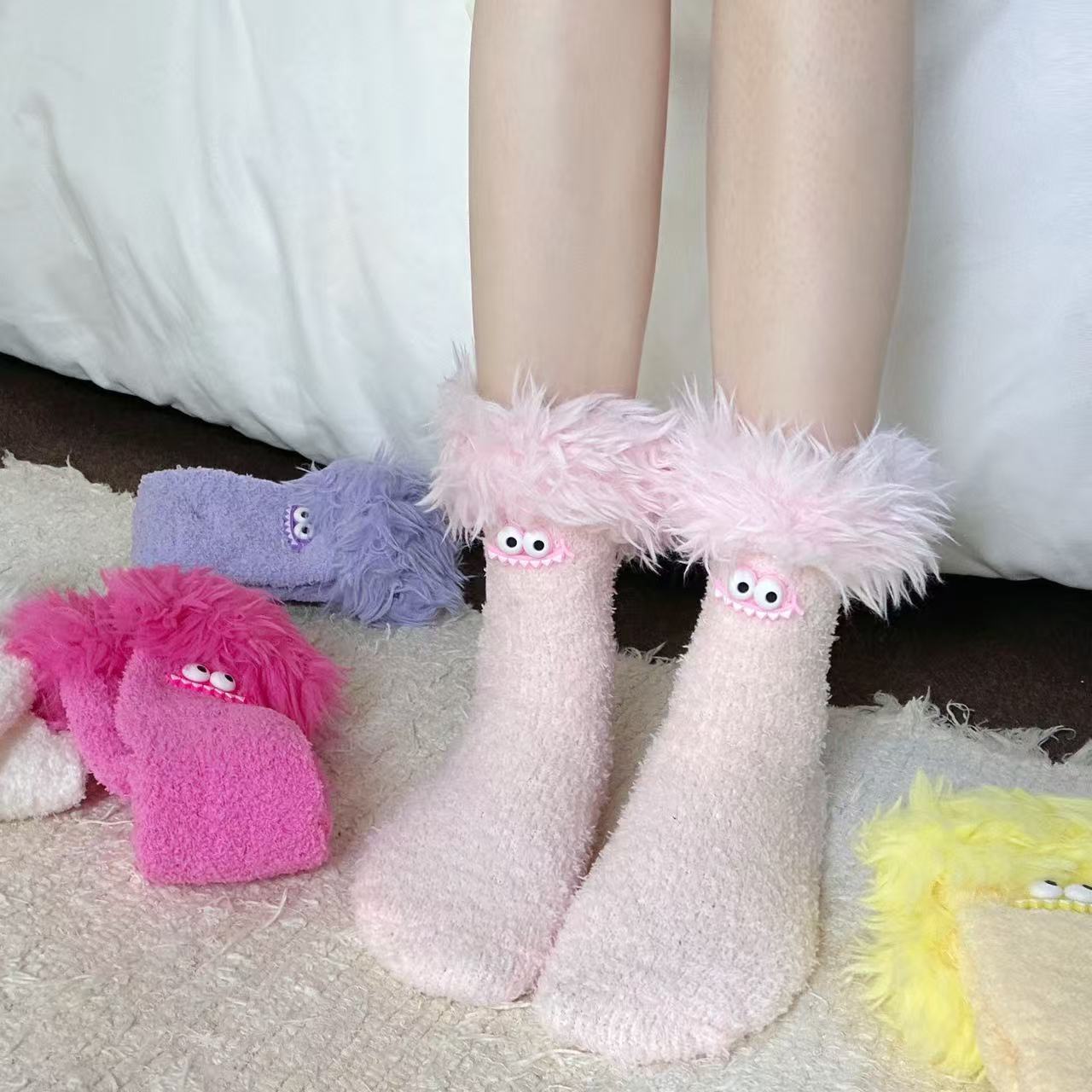 Big Mouth Monster Plush Socks Fleece-Lined Thick Warm Coral Fleece