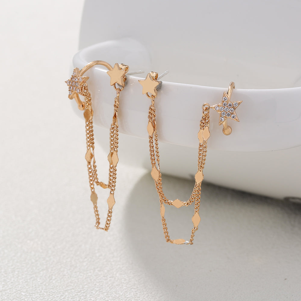 Ear Bone Clip Ear Line Integrated Long Tassel Earrings Micro Set Zircon Five Pointed Star Earrings Ear Clip Jewelry