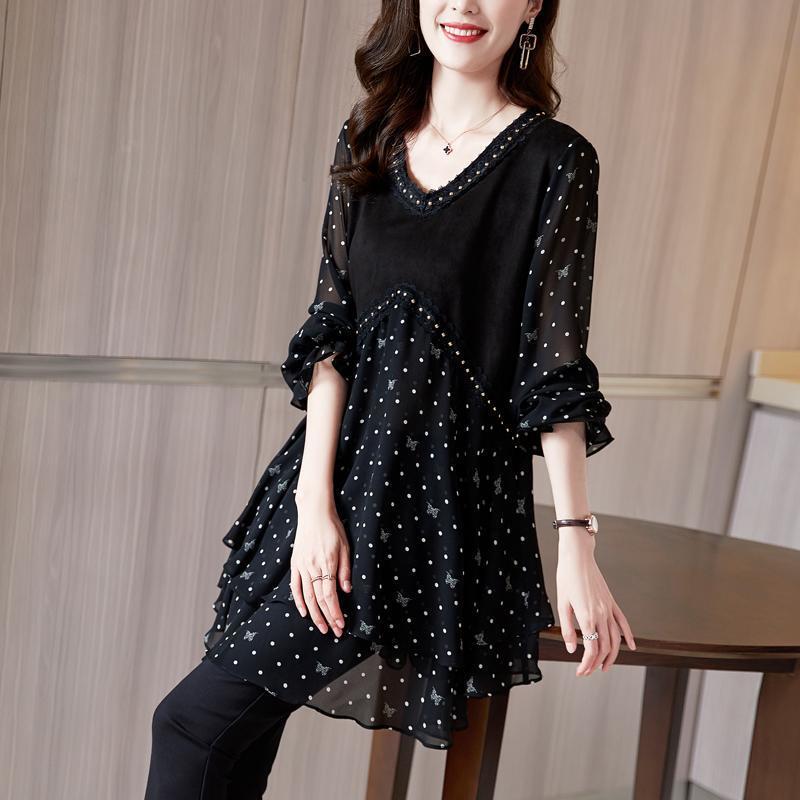 Womens Mid-Length Polka-Dot Chiffon Floral Casual Top
