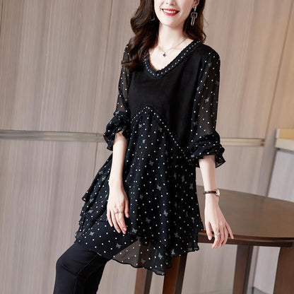 Womens Mid-Length Polka-Dot Chiffon Floral Casual Top