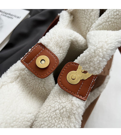 2pcs Women Plush Totes Casual Large-capacity Suede Handbag Winter Bags