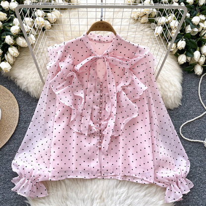 Ruffled Patchwork Heart-print Chiffon Top