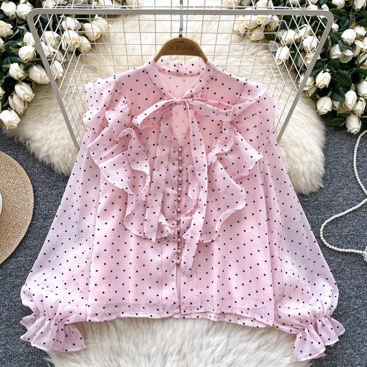 Ruffled Patchwork Heart-print Chiffon Top