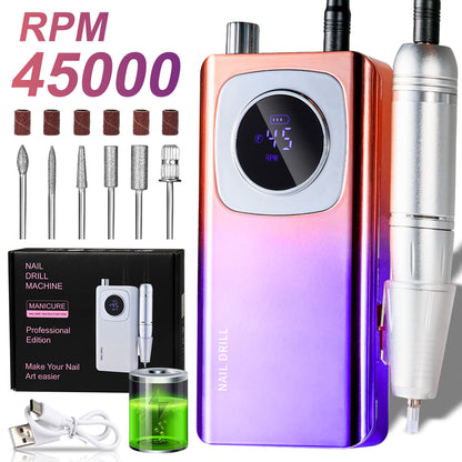 Rechargeable Electric Nail File Professional - 45000RPM Portable Efile Nail Drill Kit, Cordless E File Nail Drill Machine For Acrylic Gel Nails Salon Home Manicure Use