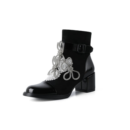 Rhinestone Bowknot Flower Thick Heel Short Boots