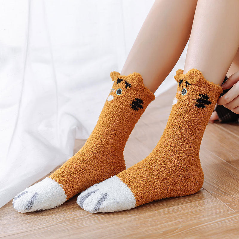 Coral Fleece Socks Women's Thick Warm Winter Sleep Long Japanese Cute Cartoon Embroidered Mid-calf Cat's Paw Socks