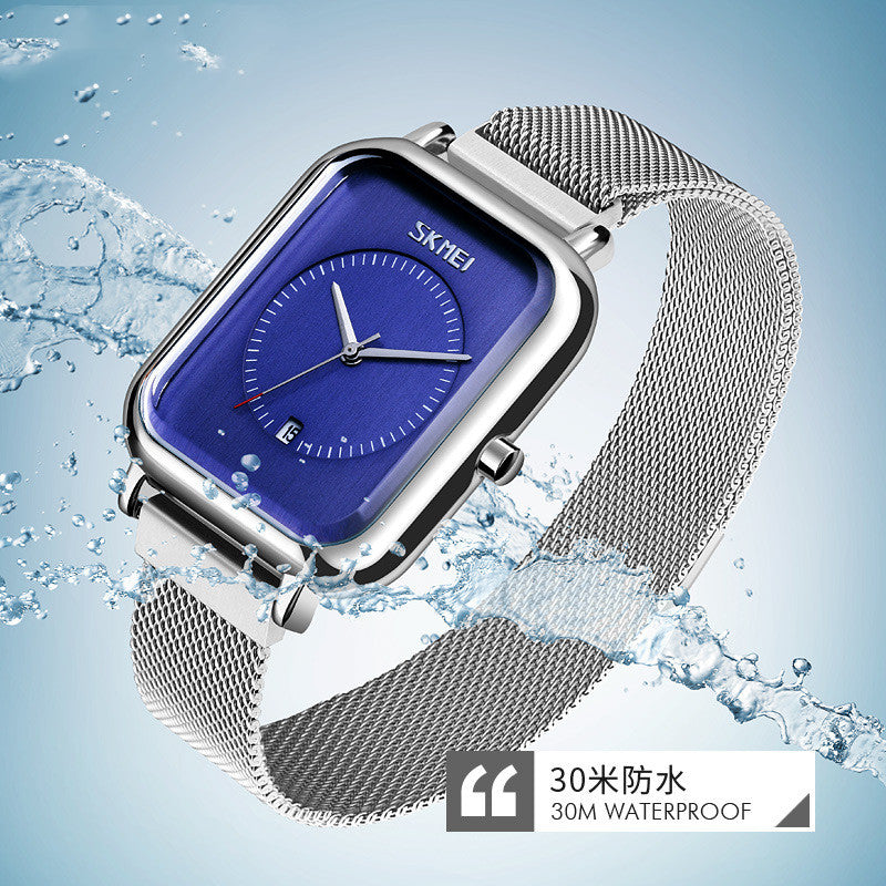 Fashionable Mens Square Business Quartz Student Mens Mesh-Strap Waterproof Calendar Watch
