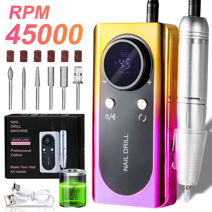 Professional Electric Nail Drill Machine, 45000RPM Rechargeable E-File Nail Drill Cordless, Electric Nail File Kit, Portable Electronic Grinder, Suitable For Nail Polish And Glue Nail Polish Polishing