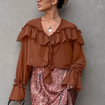 Autumn European And American Design Sense V-neck Flounce Lace-up Loose Chiffon Shirt