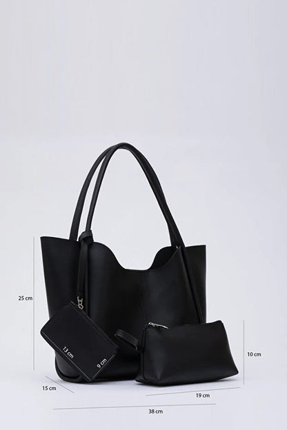 Black SHK108 Faux Leather Women Hand And Shoulder Bag With Wallet And Makeup Bag