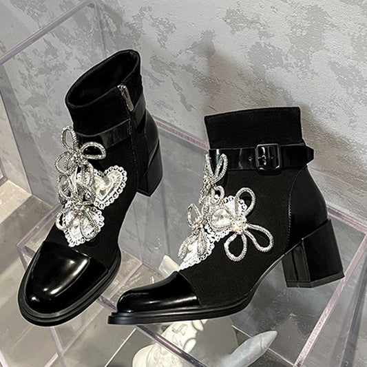 Rhinestone Bowknot Flower Thick Heel Short Boots