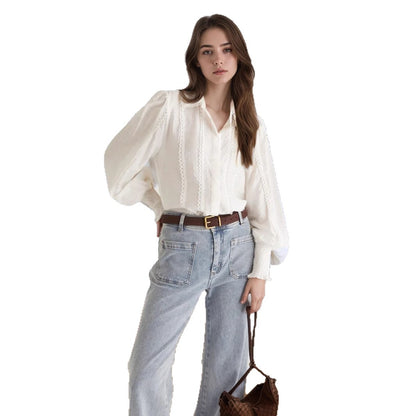 Lantern Sleeve Lace-trimmed White Blouse