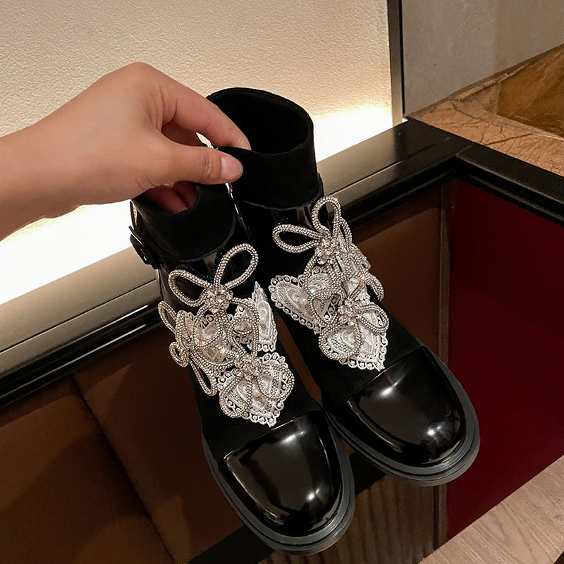 Rhinestone Bowknot Flower Thick Heel Short Boots