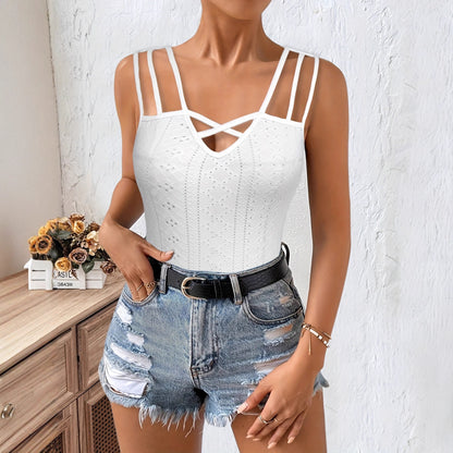 Mesh Embroidery Three-strap Solid-color Camisole Top With Cutout Design