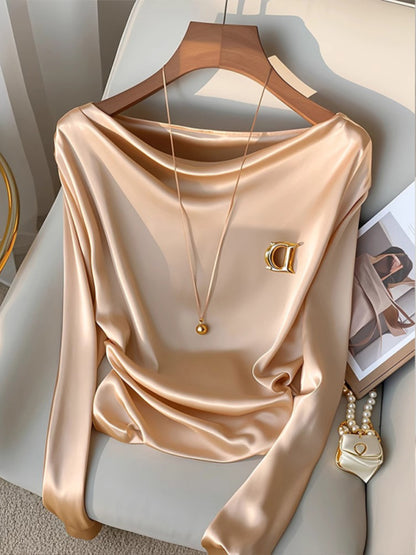 Women's Champagne Long-sleeved Satin Shirt Swing Collar Inner Wear Blouse
