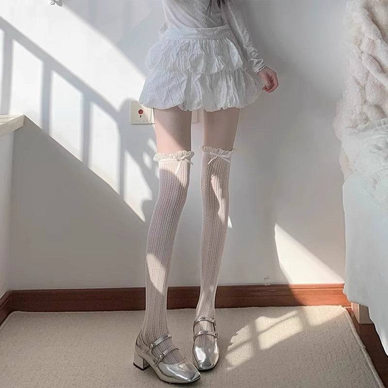 Ballet-style Bow Over-the-Knee Socks, Lace Socks, JK Hollow-Out Fishnet Half-Hose For Women, Lolita Long Socks, All-Match
