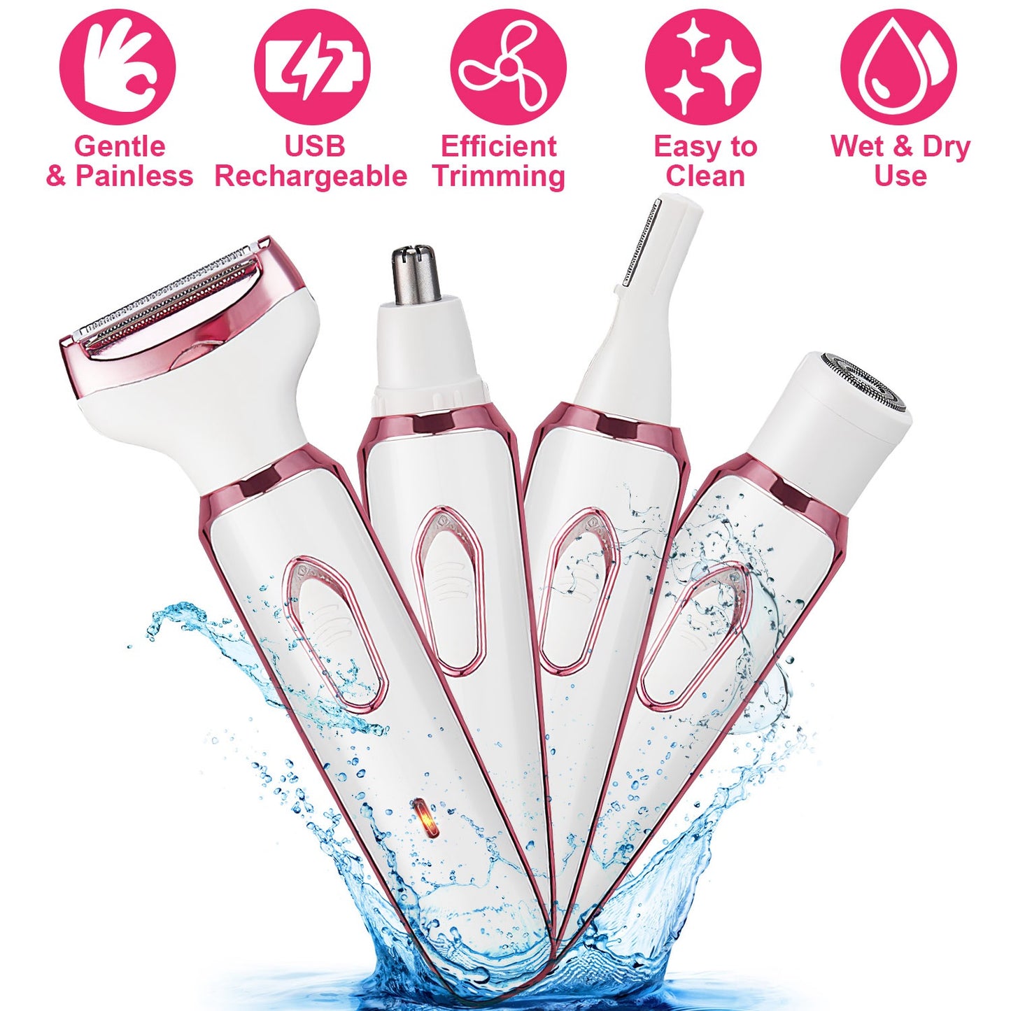 1Pc 4 In 1 Electric Razor For Women Summer Bikini Shaver Painless Grooming Kit Rechargeable Eyebrow Nose Hair Pubic Hair Bikini Trimmer Face Shaver