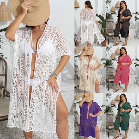 Women's Sexy Hollow-Out Woven Bikini Cover-Up Short-Sleeve Cardigan